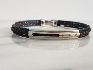 Brown Leather Blue Cable Bracelet